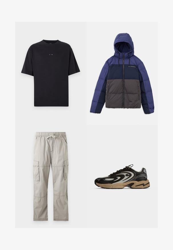 Padded bunda s kapucňou, s farebným blokom v tmavomodrej, svetlomodrej a šedej farbe. Obsahuje zipsové vrecká a nastaviteľné šnúrky.; Oakley RISE TEE - Základné tričko - blackout; Svetlosivé cargo nohavice s elastickým pásom, sťahovacou šnúrkou, bočnými vreckami a klopovými vreckami na stehnách, položené na bielom pozadí.; Čierno-béžová teniska s vlnkovými vzormi, šnurovanie a hrubá podrážka na jednofarebnom svetlom pozadí.