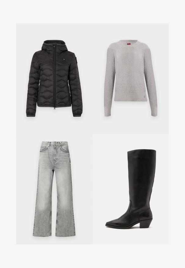 Veste matelassée noire avec capuche, fermeture éclair à l'avant, poches latérales et poignets élastiques avec bordure blanche.; Pull gris clair avec un design en tricot texturé, doté d'un col rond et de manches longues. Motif tricoté détaillé à l'ourlet.; Jean en denim gris évasé avec une taille haute, une finition délavée, cinq poches et des passants pour ceinture. Détails de coutures le long des coutures.; Botte en cuir noire mi-mollet avec un bout pointu et un talon bas incliné sur un fond clair uni.