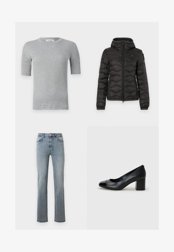 Schwarze gesteppte Jacke mit Kapuze, durchgehendem Reißverschluss, seitlichen Taschen und elastischen Bündchen mit weißem Besatz.; Graues Kurzarmshirt aus geribbeltem Stoff. Hat einen runden Ausschnitt und ein tailliertes Design mit sauberen Kanten und minimalen Details.; Hellblaue Jeans aus Denim mit hoher Taille, geradem Bein, subtilen Auswaschungen, Fünf-Taschen-Stil und metallischem Knopfverschluss.; Schwarze Leder-Pump mit glänzendem schwarzem Zehenkappen und einem stabilen Absatz. Glatte Textur und runde Form mit einer subtilen Öffnung vorne.