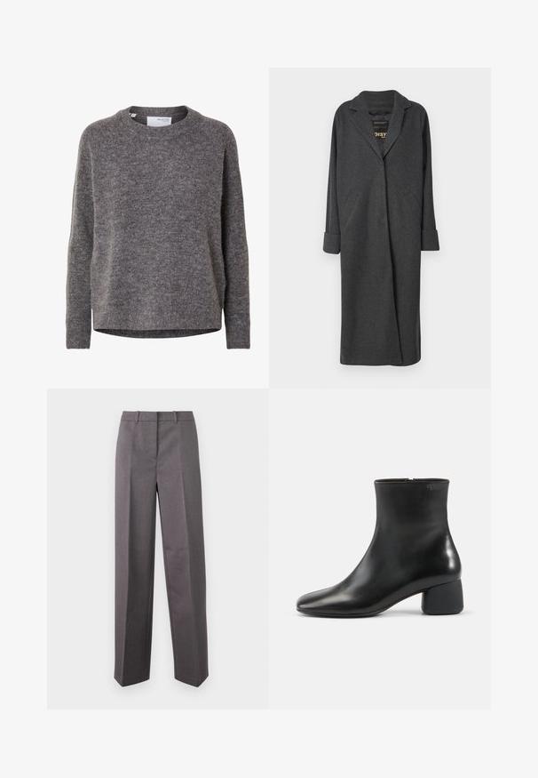 Lang grå frakke lavet af uldblanding, med en notch-krave, to forlommer og op-rullede ærmer. Glat tekstur og skræddersyet design.; Langærmet grå uldsweater til kvinder med rund hals, ribstrikkede manchetter og kant, mærket Selected Femme.; Grå skræddersyede bukser lavet af struktureret stof, med lige ben, flad front og bæltestropper.; Sort læderankelstøvle med afrundet firkantet tå, sidelås og chunky lav hæl på ensfarvet lys baggrund.
