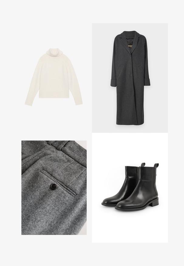 Lang grå frakke lavet af uldblanding, med en notch-krave, to forlommer og op-rullede ærmer. Glat tekstur og skræddersyet design.; Lyscreme turtleneck sweater med ribbet tekstur, raglanærmer og tætsiddende kant. Blødt materiale og afslappet silhuet.; Grå uldbukser med flad front, en enkelt baglomme med en sort knap og en blød, tekstureret finish.; Par sorte læderankelstøvler med sidelommer, runde tæer, lave blokhæle og træktabs bagpå, vist på en hvid baggrund.