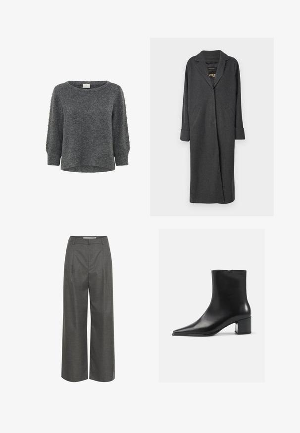 Lang grå frakke lavet af uldblanding, med en notch-krave, to forlommer og op-rullede ærmer. Glat tekstur og skræddersyet design.; Kaffe KABETTY - Striktrøje - grey melange; Grå brede bukser lavet af struktureret stof, med høj talje og frontfolder, uden synlige lommer eller hardware detaljer.; Sort læder ankelstøvle med spidse tæer, glat tekstur og mellemhøj blokhæl. Minimalistisk design, lynlås lukning bagpå.