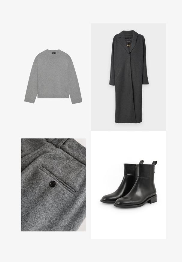 Lang grå frakke lavet af uldblanding, med en notch-krave, to forlommer og op-rullede ærmer. Glat tekstur og skræddersyet design.; Grå strikket sweater med lange ærmer, rund halsudskæring og ribbet kant. Fremstillet af blødt materiale, har et minimalistisk design uden mønstre.; Grå uldbukser med flad front, en enkelt baglomme med en sort knap og en blød, tekstureret finish.; Par sorte læderankelstøvler med sidelommer, runde tæer, lave blokhæle og træktabs bagpå, vist på en hvid baggrund.
