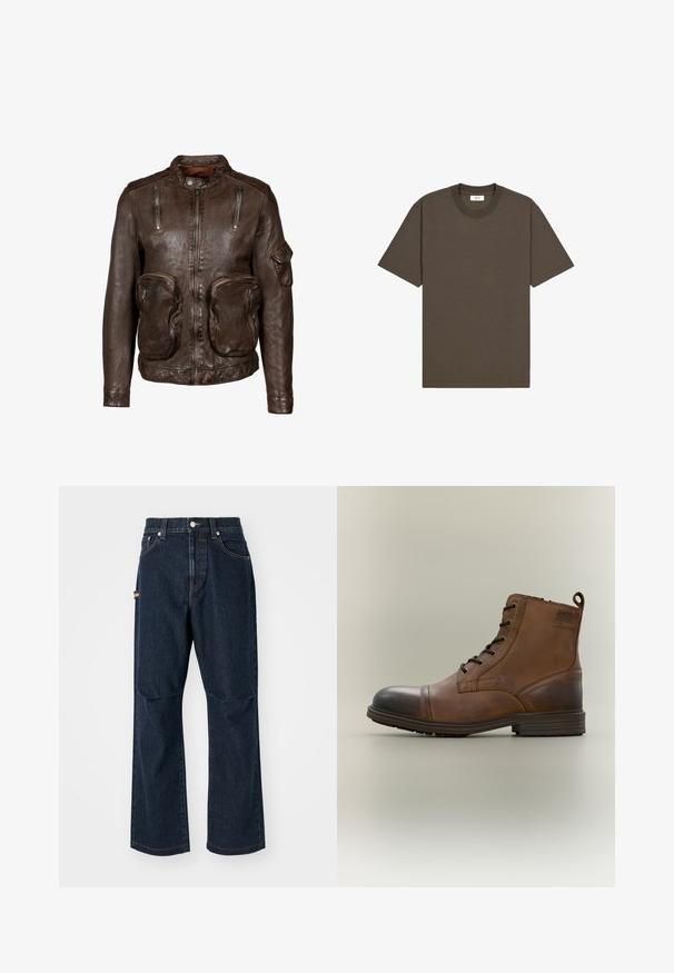 Freaky Nation LORIK - Læderjakker - dark brown; Ensfarvet mørkebrun T-shirt med korte ærmer og rund halsudskæring samt et lille hvidt mærke på indersiden af nakken.; Mørkeblå denim jeans med lige ben, frontlommer og en sidelomme. Har stiklinger i kontrastfarve og en knap i taljen.; Brun læderstøvle med snørebånd, sort tåhætte, rund sål og mærket detalje på siden mod ensfarvet baggrund.