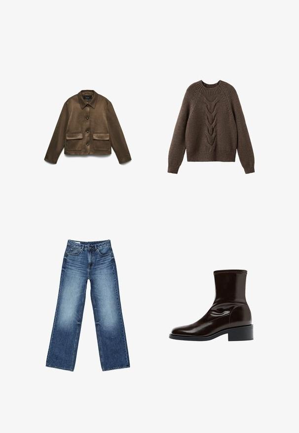 Bruine suède jas met een kraag, knoopsluiting aan de voorkant en twee opgestikte zakken. Soepele textuur met een cropped ontwerp.; Bruin gebreid sweater met een ronde halslijn, lange mouwen en een kabelbrei ontwerp dat over de voorkant loopt. Geribbelde zoom en manchetten.; Blauwe denim jeans met wijde pijpen, voorzakken en muntzakje, knoopsluiting en een vervaagde wassing op de dijen en knieën.; Donkerbruine leren enkellaars met vierkante neus, lage blokhak en gestikte details rond de bovenrand, zijaanzicht.