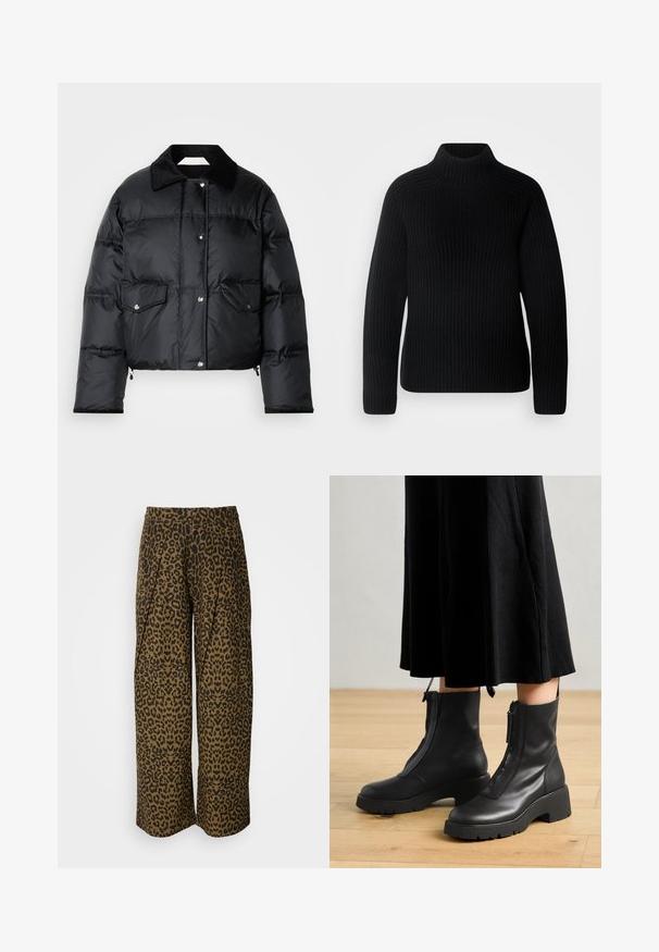 Sort pufferjakke med krave, lynlås foran, to klaplommer og en quiltet design. Fremstillet af et blankt, letvægtsmateriale.; Sort turtleneck sweater lavet af ribbet stof. Har lange ærmer og et tætsiddende design med en højere halsudskæring. Blød tekstur.; Bredde bukser i et brun- og sort leopardprint. Har en høj talje og plisseret design. Blødt stof med en glat tekstur.; Sorte læder ankelstøvler med en kraftig platformsål og en frontlynlås. Glat tekstur med et minimalistisk design.