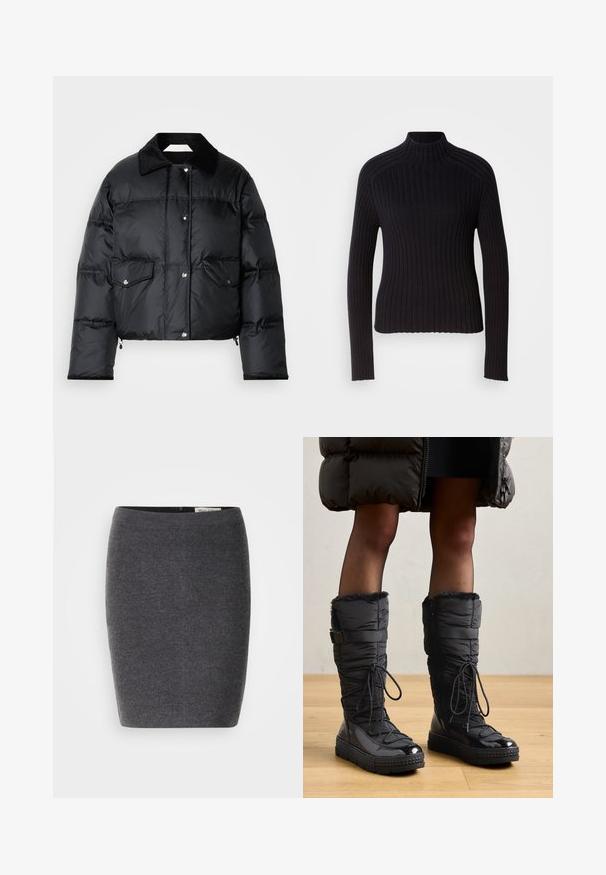 Sort pufferjakke med krave, lynlås foran, to klaplommer og en quiltet design. Fremstillet af et blankt, letvægtsmateriale.; Sort rippet turtleneck sweater med lange ærmer, tætsiddende design og struktureret overflade. Fremstillet af et strækbart strikket stof.; Grå uld blyantskirt med en glat tekstur og tætsiddende design, med en diskret talje og uden synlige udsmykninger.; Knæhøje sorte pufferstøvler med fake fur kant, skinnende vandtæt overdel, tekstureret sål og justerbar snøre detaljer.