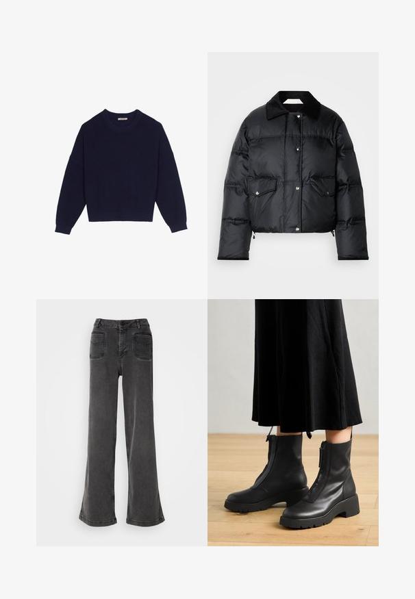 Doudoune noire avec col, fermeture éclair à l'avant, deux poches à rabat et un design matelassé. Fabriquée en matériau léger et brillant.; Pull en tricot bleu marine avec une texture côtelée, un col rond, des épaules tombantes et un ourlet court. Tissu doux avec des manches longues.; Jean noir taille haute à jambes larges en denim, avec une fermeture à bouton, des passants de ceinture et deux poches arrière avec des accents cousus.; Bottines en cuir noir avec une semelle plateforme épaisse et une fermeture éclair à l'avant. Texture lisse avec un design minimaliste.