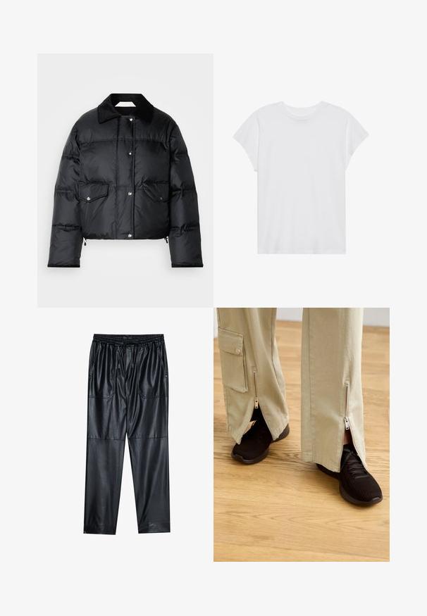 Doudoune noire avec col, fermeture éclair à l'avant, deux poches à rabat et un design matelassé. Fabriquée en matériau léger et brillant.; T-shirt blanc à manches courtes, col rond, coupe décontractée, en tissu de coton doux. Texture lisse, sans motifs ni logos.; Pantalons en cuir synthétique noir avec une taille élastique, un cordon de serrage et deux poches avant. Présentent une coupe ample et fuselée avec une texture lisse.; Pantalons beige à jambes larges avec des zips aux chevilles, associés à des chaussures de sport noires avec un dessus texturé et une semelle rembourrée.
