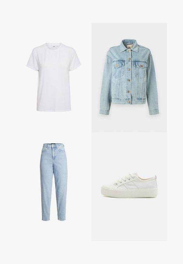 Chaqueta de denim azul claro con mangas largas, cierre de botones, dos bolsillos en el pecho con solapas y un cuello, presentada sobre un fondo blanco.; Camiseta blanca de manga corta hecha de algodón suave. Presenta un cuello redondo y un diseño simple y sin costuras, sin adornos ni patrones.; Vaqueros de mezclilla azul claro de talle alto con cierre frontal de botones y cremallera, trabillas para cinturón y piernas cónicas.; Zapatillas de lona blancas con una suela de goma texturizada, puntera redondeada y diseño con cordones que presenta tres franjas laterales.