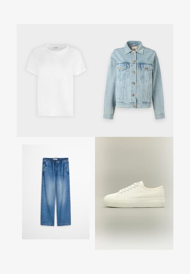 Chaqueta de denim azul claro con mangas largas, cierre de botones, dos bolsillos en el pecho con solapas y un cuello, presentada sobre un fondo blanco.; Camiseta blanca de manga corta con cuello redondo y etiqueta visible de Marc O’Polo en el interior del cuello sobre un fondo liso.; Pantalones vaqueros de pierna ancha en azul claro con cintura elástica y cordón, presentando un ligero desgaste y un ajuste holgado.; Zapatilla blanca de lona de perfil bajo con cierre de cordones en la parte delantera y suela gruesa de goma texturizada sobre fondo neutro.