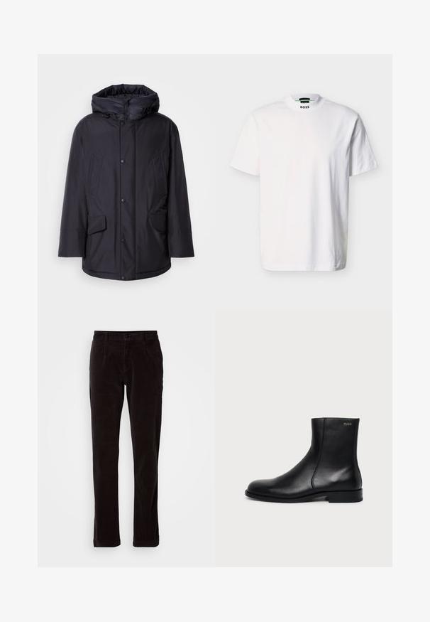 Schwarze gepolsterte Jacke mit abnehmbarer Kapuze, ausgestattet mit Knopfverschluss, zwei großen Fronttaschen und einer glatten, wasserabweisenden Außenseite.; Weißes Kurzarm-T-Shirt aus Baumwolle mit rundem Ausschnitt und gedrucktem Markenlogo am Kragen. Glatte Textur, schlichtes Design.; Dunkelbraune Corduroy-Hosen mit geradem Bein, vorderen Taschen, Gürtelschlaufen, Knopfverschluss und Reißverschluss auf einem schlichten hellen Hintergrund.; Schwarzer Leder-Knöchelstiefel mit niedrigem Absatz, seitlicher Naht und kleinem "HUGO" Logo am oberen Schaft vor einfarbigem Hintergrund.
