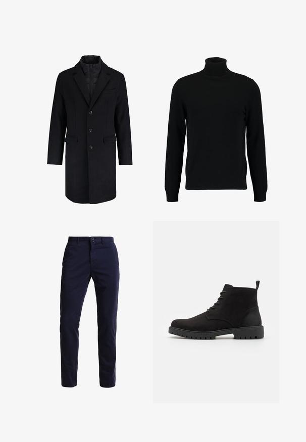 Abrigo largo negro de mezcla de lana con cuello alto, cierre de doble botonadura y dos bolsillos delanteros; la capa interior tiene un diseño acolchado.; Jersey de cuello alto negro hecho de un material de punto suave. Cuenta con mangas largas, collar y dobladillo acanalados. Diseño simple y elegante sin patrones.; Chinos azul marino hechos de una mezcla de algodón, con un diseño de pierna recta, bolsillos frontales, cierre de cremallera y una cinturilla con un solo botón.; Botines de ante negros con puntera redondeada, diseño con cordones, suela de goma con dibujo y tirador en el talón para facilitar su puesta.