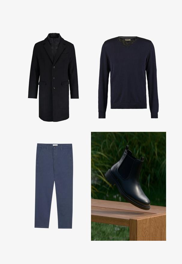 Abrigo largo negro de mezcla de lana con cuello alto, cierre de doble botonadura y dos bolsillos delanteros; la capa interior tiene un diseño acolchado.; Suéter de punto azul marino con cuello en V y mangas largas, fabricado en material suave, con puños y dobladillo acanalados, textura lisa y sin patrones visibles.; Chinos de algodón azul marino con corte recto, dos bolsillos frontales y un sutil detalle de costura, que cuentan con una cinturilla con cierre de botón.; Botín de cuero negro hasta el tobillo con paneles laterales elásticos flotando sobre un banco de madera, con un fondo de follaje verde.