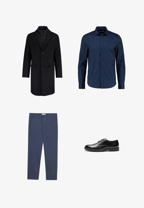 Abrigo largo negro de mezcla de lana con cuello alto, cierre de doble botonadura y dos bolsillos delanteros; la capa interior tiene un diseño acolchado.; Camisa de manga larga azul marino hecha de una tela suave, con un cuello clásico, botones frontales y un corte entallado con un dobladillo redondeado.; Chinos de algodón azul marino con corte recto, dos bolsillos frontales y un sutil detalle de costura, que cuentan con una cinturilla con cierre de botón.; Zapato de vestir de cuero negro con acabado liso, puntera redondeada, diseño de cordones con seis ojales y suela de goma plana.