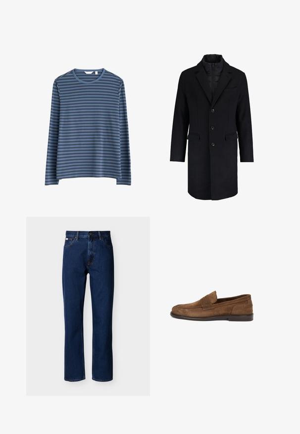 Zwart wollen overjas met een opstaande kraag, dubbele rij knopen en twee steekzakken aan de voorkant; binnenlaag heeft een doorgestikt ontwerp.; Seasalt Cornwall SAILOR - Longsleeve - blue mini cornish vintage indigo; Donkerblauwe jeans met rechte pijpen van denim, met een klassiek ontwerp van vijf zakken, subtiele stiksels en een knoopsluiting aan de voorkant.; Bruine suède herenloafer met pennyriem en donkerbruine zool, zijaanzicht op witte achtergrond.