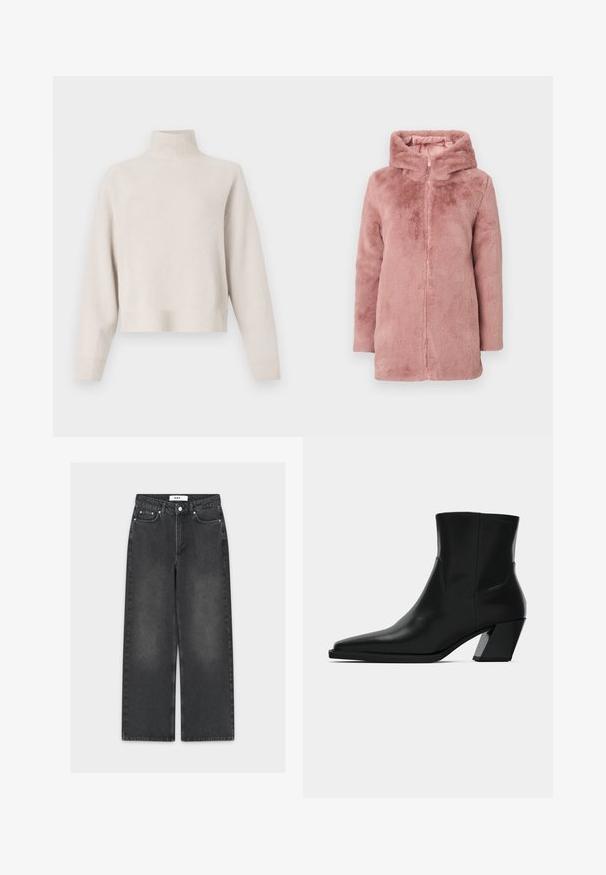 Abrigo de piel sintética rosa con capucha, cierre de cremallera y mangas largas. Textura suave con un forro liso y sin patrones ni herrajes visibles.; Suéter de cuello alto color beige claro, fabricado con una tela suave. Presenta un corte relajado, dobladillos y puños acanalados, y mangas largas. Diseño minimalista.; Pantalones vaqueros negros de pierna ancha con un acabado desgastado, con cierre de botón y cremallera, diseño de cinco bolsillos y costuras en contraste.; Bota de tobillo de cuero negro con punta afilada, una silueta elegante y un tacón cuadrado grueso. Textura suave con detalles de costura mínimos.