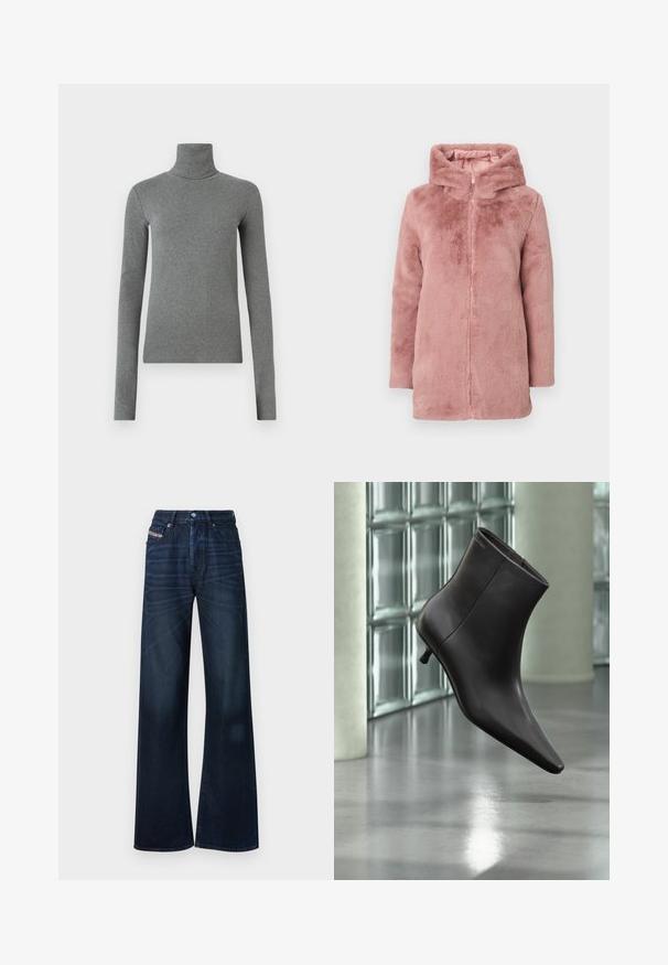 Abrigo de piel sintética rosa con capucha, cierre de cremallera y mangas largas. Textura suave con un forro liso y sin patrones ni herrajes visibles.; Sudadera de cuello alto gris hecha de una tela suave y elástica. Mangas largas, diseño ajustado, textura mínima, sin patrones visibles ni piezas metálicas.; Vaqueros de pierna ancha en color azul oscuro hechos de mezclilla. Presentan un cierre de botón, diseño de cinco bolsillos y un sutil desvanecimiento en la parte frontal.; Bota de cuero negro para el tobillo con puntera puntiaguda y tacón pequeño, exhibida frente a una pared de bloques de vidrio y un suelo pulido.