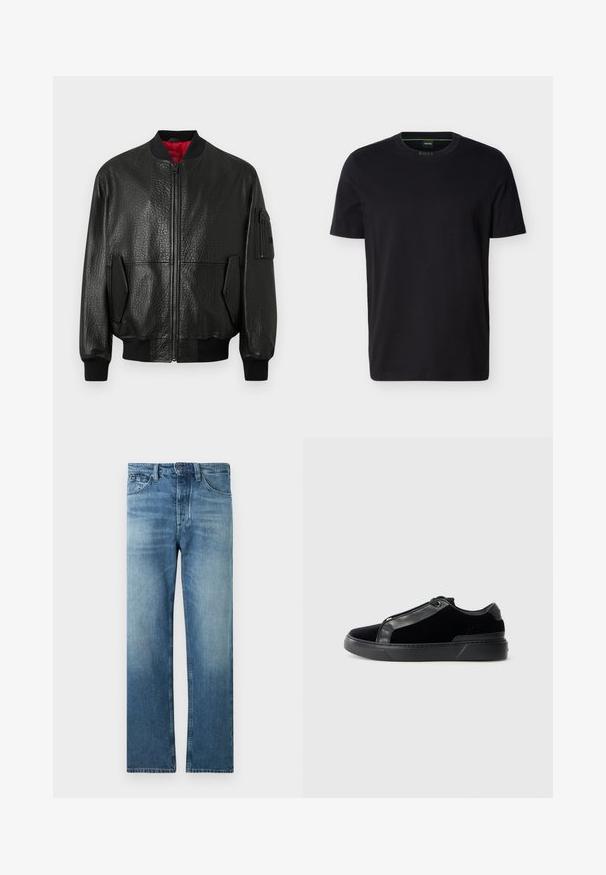 Veste bomber en cuir noir avec une finition texturée, fermeture éclair, taille côtelée et poches latérales. Comprend une doublure intérieure rouge et une poche utilitaire.; T-shirt noir à manches courtes avec col ras du cou, portant une petite étiquette verte « BOSS » à l'intérieur du col.; Jean bleu moyen à jambes droites avec légère décoloration, design classique à cinq poches, fermeture par boutons et passants pour ceinture.; Baskets de sport noires en mélange de daim et de cuir, avec un bout arrondi, une surface lisse et une semelle épaisse noire.