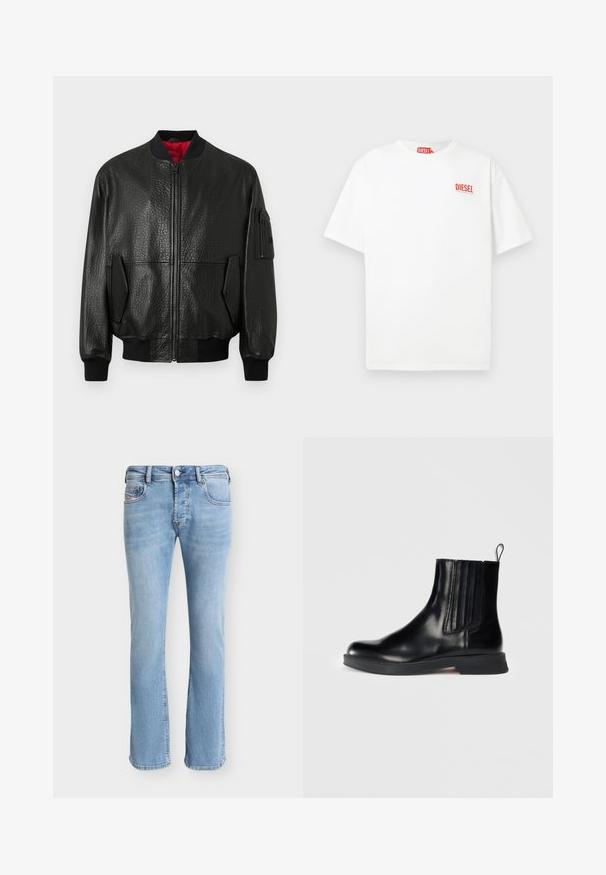 Veste bomber en cuir noir avec une finition texturée, fermeture éclair, taille côtelée et poches latérales. Comprend une doublure intérieure rouge et une poche utilitaire.; T-shirt blanc en coton à manches courtes avec un logo rouge "DIESEL" sur la poitrine gauche, bénéficiant d'une coupe décontractée et d'un design simple.; Jean droit en denim bleu clair avec poches avant, passants de ceinture, fermeture à boutons et coutures visibles sur un fond uni.; Botte en cuir noir mi-mollet avec des panneaux élastiques sur les côtés, bout rond, petit talon bloc et languette. Présente une texture lisse et un design épuré.