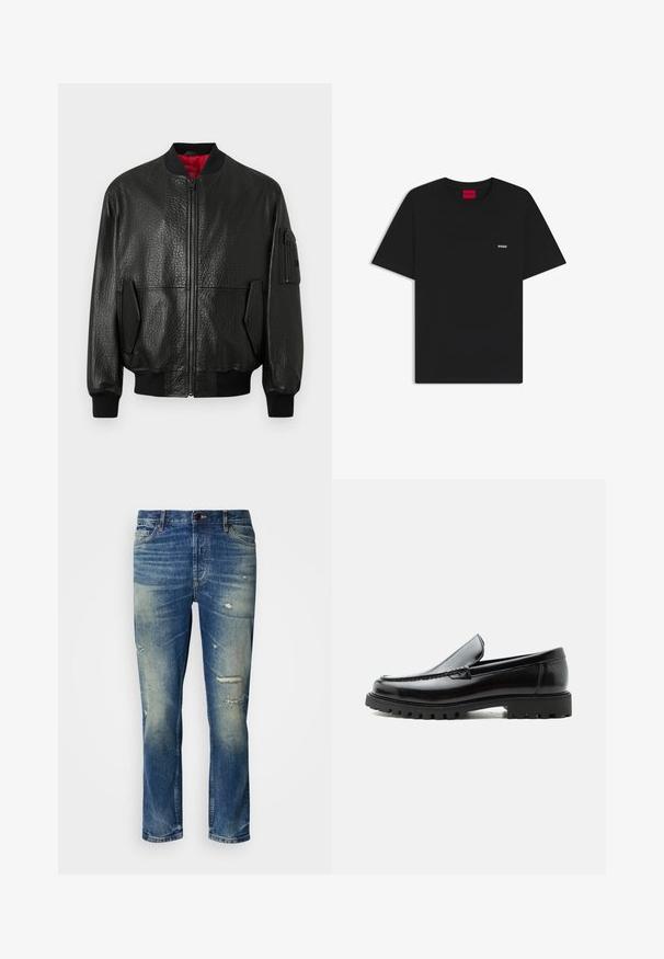 Sort læder bomberjakke med en struktureret finish, lynlåslukning, ribbet taljebånd og sidelommer. Har en rød indvendig foring og en nyttelomme.; Sort T-shirt med korte ærmer og et lille hvidt "HUGO"-logo på venstre bryst samt en rød "HUGO"-mærkat inde i kraven.; Lysblå denim jeans med en afslappet pasform, der har slidte detaljer, falmede lapper og en klassisk lukning med knap og lynlås.; Sort læderloafer med chunky gummisål, syet overdel og præget mærkenavn på hælen, vist i sideprofil på hvid baggrund.