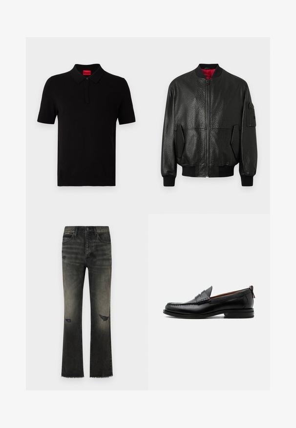 Chaqueta bomber de cuero negro con acabado texturizado, cierre de cremallera, cintura acanalada y bolsillos laterales. Cuenta con forro interior rojo y bolsillo multibolsillo.; Camisa polo negra hecha de algodón suave. Presenta un cuello clásico, mangas cortas y una etiqueta roja en el escote. Sin patrones ni adornos.; Jeans de mezclilla negra acampanada con un acabado deslavado, desgastes visibles y dobladillo deshilachado. Presenta un estilo clásico de cinco bolsillos y cierre de botón metálico.; Mocasín de hombre de piel negra con costura moc toe, tira penny, cuello texturizado y tacón bajo apilado sobre fondo blanco.