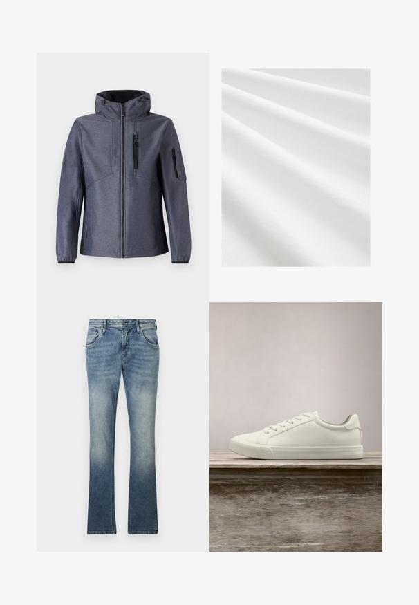 TOM TAILOR JACKET - Softshelljacke - blue softshell melange; Baumwollstoff, weiße Farbe, glatte Textur mit subtilen Falten und Knicken. Gleichmäßige Oberfläche, leicht reflektierend, ohne Muster oder Akzente.; Helleblaue Bootcut-Jeans aus Denim mit einem Farbverlauf, Fünf-Taschen-Design, Metallknopfverschluss und sichtbarem Stich entlang der Nähte.; Weiße Schnürsneaker, die über einer Holzbank mit grünem Laub im Hintergrund schweben und das Schuhdesign sowie die Textur zeigen.