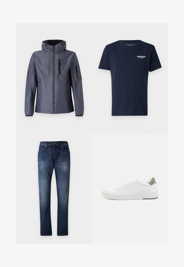 TOM TAILOR JACKET - Softshell jakker - blue softshell melange; Mørkeblå bomulds t-shirt med rund hals, kortærmede og et lille broderet logo på brystet. Klassisk pasform og glat tekstur.; Mørkeblå denimjeans med lige ben design, der har en falmet vask, fem lommer og synlige stikninger langs sømmene.; Hvid sneaker lavet af glat læder, rund tå, minimalistisk design, grå hælafsats og tekstureret gummisål.