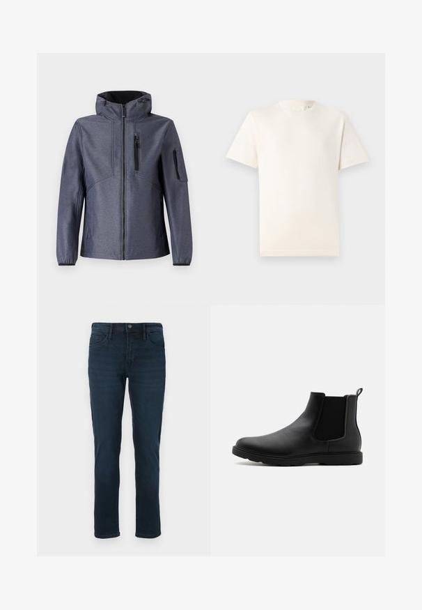 TOM TAILOR JACKET - Softšelová bunda - blue softshell melange; TOM TAILOR BASIC CREW NECK - Základné tričko - smooth light sand; Tmavomodré džínsy z denimu so strihom s rovnými nohavicami, s piatimi vreckami, zapínaním na gombík a jemným vyblednutím vpredu.; Čierne kožené Chelsea čižmy s elastickými bočnými panelmi, pútkom na obúvanie a odolnou gumovou podrážkou. Hladká textúra a štíhly dizajn.