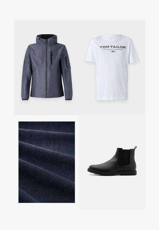 TOM TAILOR JACKET - Softshelljacke - blue softshell melange; Weißes Baumwoll-T-Shirt mit Rundhalsausschnitt, kurzen Ärmeln und navyfarbener Schrift, die "TOM TAILOR THE CASUAL DEPARTMENT 1962" lautet.; Dunkelblaue Denim-Stoff mit geripptem Muster, das Falten und Wellen zeigt und somit sein Gewicht und seine Strapazierfähigkeit betont.; Schwarze Leder-Chelsea-Stiefel mit elastischen Seitenpaneelen, einem Zugband und einer robusten Gummisohle. Glatte Textur und elegantes Design.
