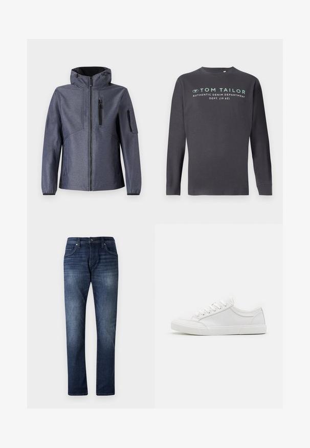 TOM TAILOR JACKET - Softshell jakker - blue softshell melange; TOM TAILOR PRINTED - Langærmet T-shirt - tarmac grey; Mørkeblå denimjeans med lige ben design, der har en falmet vask, fem lommer og synlige stikninger langs sømmene.; Hvide sneakers med en glat læderoverdel, rund tå, flad gummisål og seks øjestik til snørebånd. Subtile syninger og minimalistisk design.
