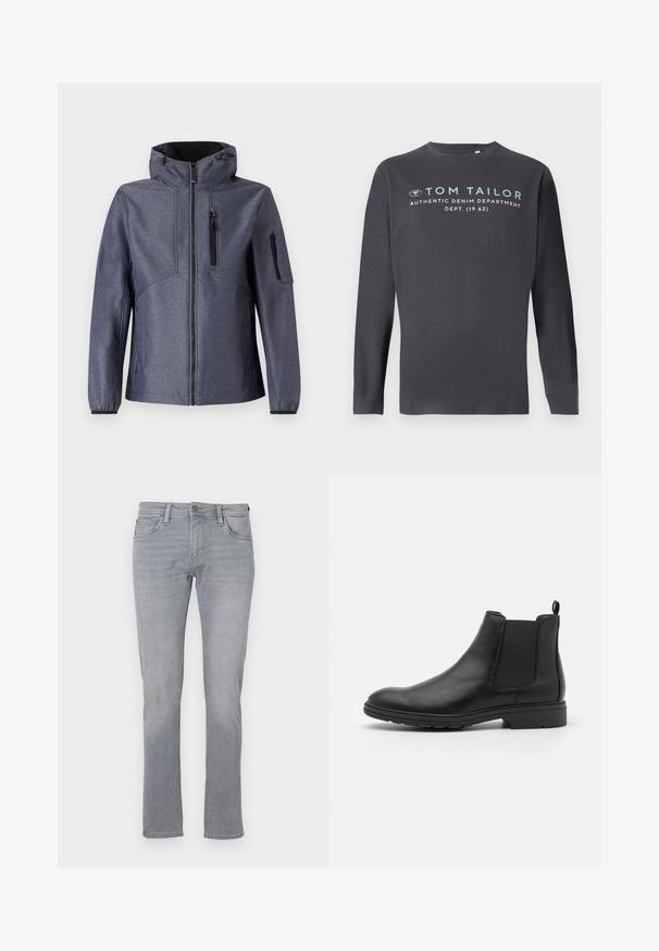 TOM TAILOR JACKET - Softshelljacke - blue softshell melange; TOM TAILOR PRINTED - Langarmshirt - tarmac grey; Graue Jeans aus Denim mit geradem Bein, ausgestattet mit einem Frontknopf und einem Reißverschluss, fünf Taschen und subtilen Verwaschungen.; Schwarze Leder Chelsea-Stiefel mit elastischen Seiteneinsätzen und einer Ziehschlaufe, runder Zehenform und strukturiertem Gummisohle.