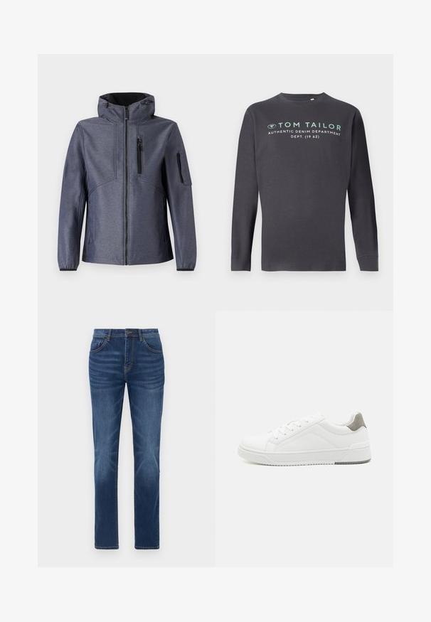 TOM TAILOR JACKET - Softshell jakker - blue softshell melange; TOM TAILOR PRINTED - Langærmet T-shirt - tarmac grey; Mørkeblå denimjeans med en klassisk lige pasform, fem-lomme design og let falmede detaljer på benene. Har knap- og lynlåslukning.; Hvid sneaker lavet af glat læder, rund tå, minimalistisk design, grå hælafsats og tekstureret gummisål.
