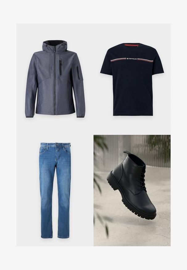 TOM TAILOR JACKET - Softshell jakker - blue softshell melange; Marineblå bomulds-t-shirt med korte ærmer og rund halsudskæring, med en hvid og rød horisontal stribedetalje og "TOM TAILOR" logo.; Denim jeans i medium blå med lige pasform. Har fem lommer, en knaplukning og synlige syninger langs sømmene.; Sorte læder ankelstøvler med rund tå, snørebåndsdesign og robust gummisål. Glat tekstur med en løkke bagpå.