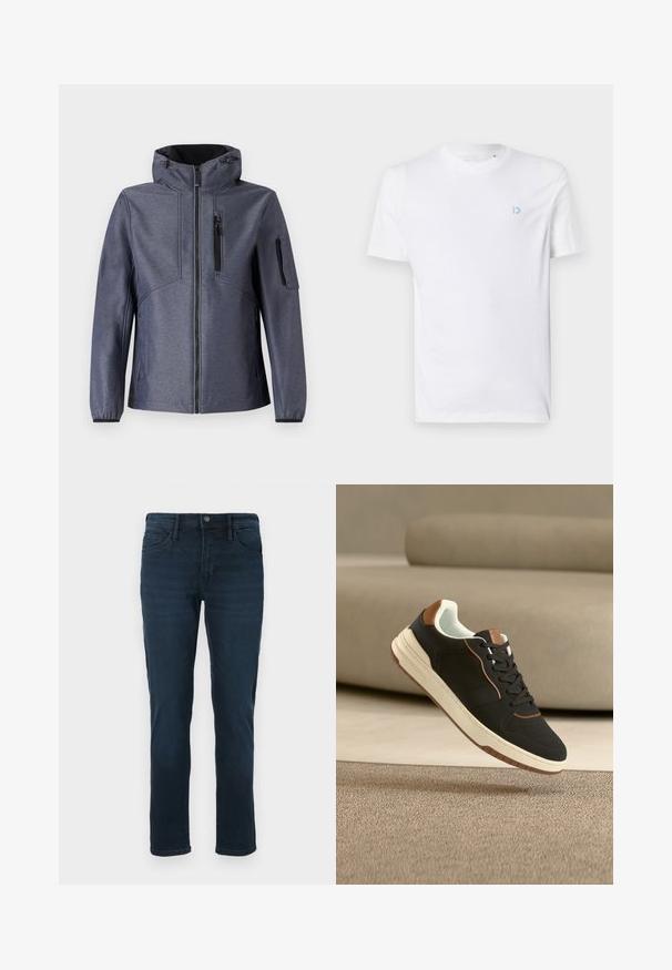 TOM TAILOR JACKET - Softšelová bunda - blue softshell melange; Biela bavlnená tričko s okrúhlym výstrihom a krátkymi rukávmi, s svetlomodrým logom na ľavej hrudi. Hladká textúra, jednoduchý dizajn.; Tmavomodré džínsy z denimu so strihom s rovnými nohavicami, s piatimi vreckami, zapínaním na gombík a jemným vyblednutím vpredu.; Čierna a hnedá nízka teniska s bielou podrážkou a šnúrkami, vznášajúca sa nad béžovým kobercovým povrchom v miestnosti s neutrálnymi odtieňmi.