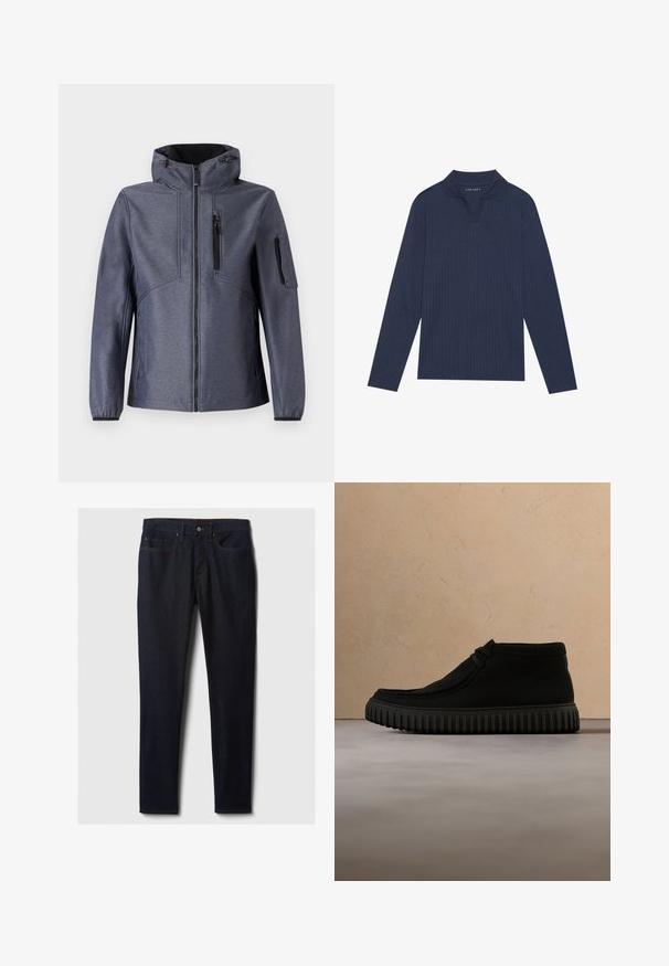 TOM TAILOR JACKET - Softšelová bunda - blue softshell melange; Námornícky dlhý rukáv polo tričko s ryhovanou textúrou, skladaným golierom a výstrihom do V. Obsahuje jemné logo na golieri.; Tmavomodré denimové džínsy so strihom s rovnými nohavicami, obsahujúce predné vrecká, kovové zapínanie na gombík a kontrastné žlté prešitie.; Čierne členkové čižmy vyrobené z mäkkého materiálu, so zaoblenou špičkou, minimálnym šnurovaním a textúrovanou gumovou podrážkou s vertikálnymi drážkami.