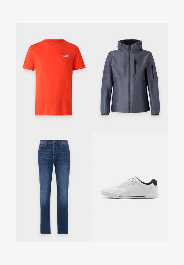 TOM TAILOR JACKET - Μπουφάν softshell - blue softshell melange; Κόκκινο βαμβακερό μπλουζάκι με κοντά μανίκια, στρογγυλή λαιμόκοψη και μικρή μαύρη ετικέτα με λευκό κείμενο στο στήθος. Λείος υφή.; Σκούρες μπλε τζιν παντελόνες με κλασική ίσια γραμμή, σχέδιο πέντε τσεπών και ελαφριά φθορά στα πόδια. Διαθέτουν κούμπωμα με κουμπί και φερμουάρ.; Λευκά αθλητικά παπούτσια με ομαλή συνθετική επένδυση, στρογγυλή μύτη, σχέδιο με κορδόνια, ναυτικό μπλε λεπτομέρεια στη φτέρνα και υφή καουτσούκ σόλα με μαύρη ρίγα.