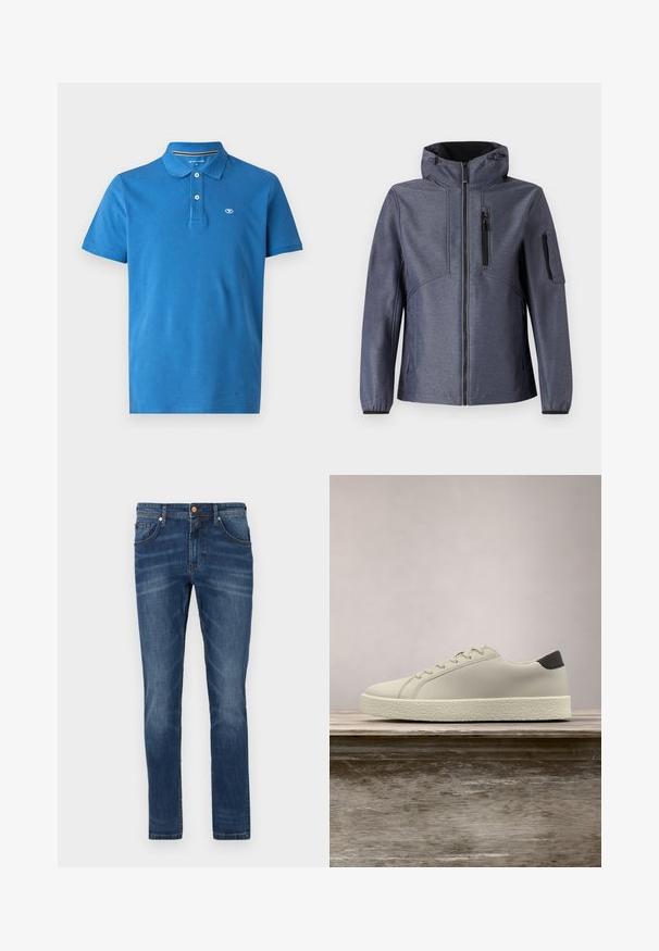 TOM TAILOR JACKET - Softshell jakker - blue softshell melange; Blå polo skjorte lavet af bomuld, med krave, to-knaps lukning, korte ærmer og et lille logo på brystet.; Mørkeblå denim jeans med lige ben, fem lommer, subtile blegetoner, kontrastsyet og knaplukning i taljen.; Hvid sneaker med tekstureret sål og sort hældetalje, svævende over en træbænk med højt grønt græs i baggrunden.