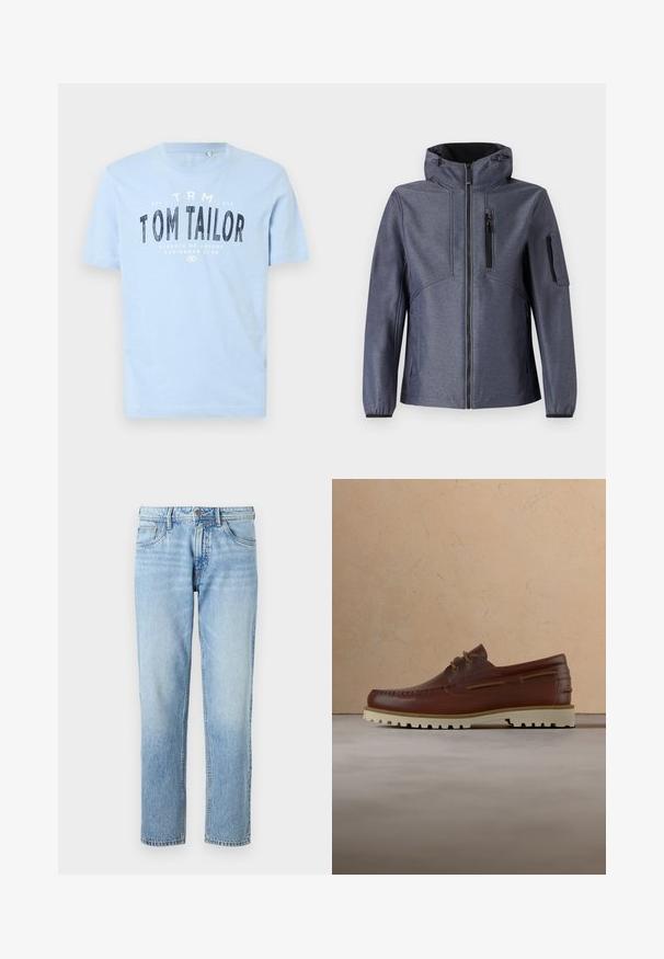 TOM TAILOR JACKET - Softshell jakker - blue softshell melange; Lyseblå bomulds t-shirt med rund halsudskæring og korte ærmer. Den har kraftig sort trykt tekst: "TOM TAILOR" samt yderligere brandingdetaljer.; Lyseblå denimjeans med lige ben, fem lomme-design, falmet tekstur og klassisk knap- og lynlåslukning.; Brun læder casual snørestøvle med cremefarvet gummisål, der hænger over beige tæppe nær et træ-sofabord med bøger.