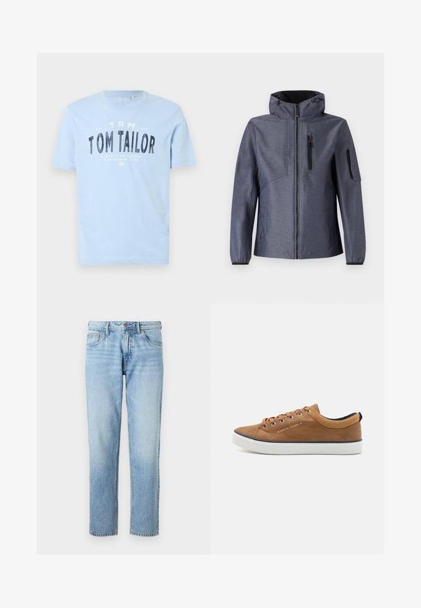 TOM TAILOR JACKET - Softshell jakker - blue softshell melange; Lyseblå bomulds t-shirt med rund halsudskæring og korte ærmer. Den har kraftig sort trykt tekst: "TOM TAILOR" samt yderligere brandingdetaljer.; Lyseblå denimjeans med lige ben, fem lomme-design, falmet tekstur og klassisk knap- og lynlåslukning.; Brune lædersneakers med rund tå, hvid sål og marineblå accenter. Har metaløjer og en tekstureret krave.