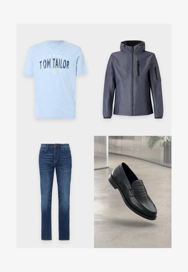 TOM TAILOR JACKET - Softšelová bunda - blue softshell melange; Svetlo modré bavlnené tričko s okrúhlym výstrihom a krátkymi rukávmi. Má výrazný čierny potlačený text: "TOM TAILOR" a ďalšie brandingové detaily.; Tmavomodré denimové džínsy s klasickým rovný strihom, dizajnom s piatimi vreckami a miernym vyblednutím na nohách. Obsahujú zapínanie na gombík a zips.; Čierna kožená mokasína s hladkou textúrou, špicatou špičkou a ozdobným remienkom cez priehlavok. Ľahká podrážka, minimalistický dizajn.
