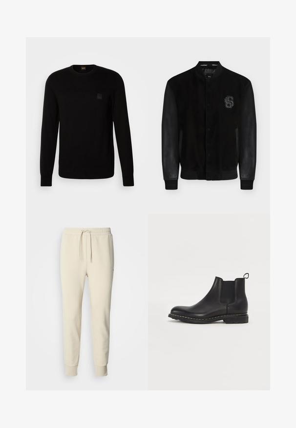 Veste universitaire noire avec manches en cuir texturé, boutons-pression, poignets côtelés et logo "B" brodé en relief sur le côté gauche de la poitrine.; Pull en maille noir à manches longues, col rond, avec un petit patch en relief sur la poitrine. Texture lisse sur l'ensemble.; Pantalon de survêtement couleur crème avec taille à cordon, jambes fuselées et poignets côtelés. Fabriqué en tissu doux et texturé. Sans motifs ni accents.; Bottines Chelsea en cuir noir avec panneaux élastiques latéraux, bout arrondi et un détail de surpiqure contrasté le long de la semelle. Semelle extérieure en caoutchouc durable.