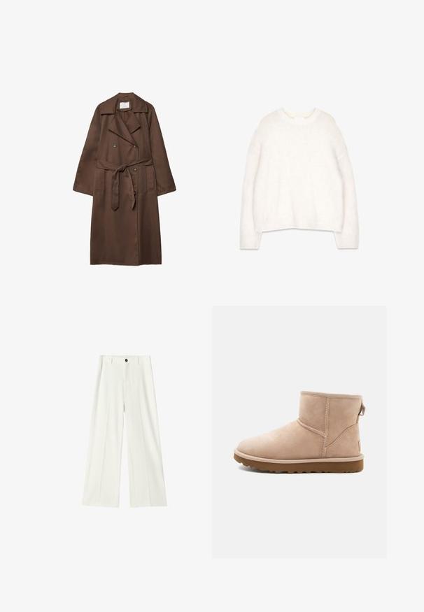 Manteau trench brun avec un design à double boutonnage, grand col, manches longues, ceinture à la taille et deux poches avant. Texture de tissu lisse.; Pull blanc en laine moelleuse avec un col rond, des manches longues et une coupe décontractée. Fabriqué à partir d'un tissu doux et texturé, il présente des poignets et un ourlet côtelés.; Pantalon blanc taille haute à jambes larges, avec plis à l'avant, passants pour ceinture et fermeture par bouton noir à la taille.; Bottine en daim beige à bout arrondi, avec des accents cousus et une semelle en caoutchouc brun texturé. Elle se distingue par une languette à l'arrière.