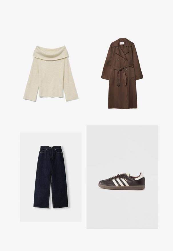 Brun trenchcoat med en dobbeltbrystet design, stor krave, lange ærmer, bælte i taljen og to forlommer. Glat stofstruktur.; Vero Moda Knitted VMERA Knitted - Striktrøje - birch; Mørkeblå denim wide-leg jeans med høj talje, fem lommer, kontraststing og sølvfarvet metalbeslag. Glat overflade og pæn finish.; Mørkebrune lædersneakers med hvidt tre-stribet design, en gummisål og "Samba" i gyldne bogstaver på siden. Klassisk lavtopform.