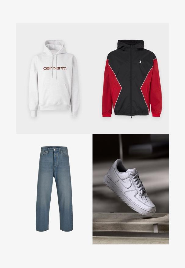 Schwarze und rote Windjacke mit Kapuze, Reißverschluss vorne, weißen Akzenten und kleinem Logo auf der Brust. Weicher, leichter Stoff.; Grauer Baumwoll-Hoodie mit Kängurutasche, Kordelzugkapuze und "Carhartt"-Logo in Dunkelbraun auf der Brust.; Hellblaue Denim-Jeans mit entspannter Passform, hoher Taille und geraden Beinen. Mit Fronttaschen und Knopfverschluss.; Weißer Nike Air Force 1 Sneaker aus Leder mit perforierter Zehenpartie, flachen Schnürsenkeln und strukturierter Gummisohle mit "AIR"-Branding an der Seite.