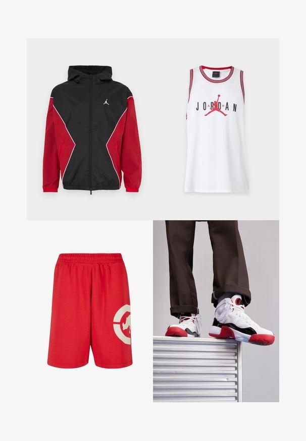 Sort og rød vindbreakerjakke med hætte, lynlås foran, hvide accenter og et lille logo på brystet. Blødt, letvægtsstof.; Hvid ærmeløs basketballtrøje med rød kant, med sort "JORDAN" tekst og rød Jumpman-logo i midten.; Røde bomuldsshorts med elastisk talje, prydet med et stort hvidt grafisk design på venstre ben og en glat overflade.; Hvide og sorte sportsko med røde detaljer. Har mesh- og lædermaterialer, rund tå og struktureret gummisål.