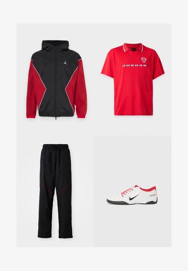 Chaqueta cortavientos negra y roja con capucha, cierre delantero con cremallera, detalles en blanco y un pequeño logo en el pecho. Tejido suave y ligero.; Polo rojo de manga corta con ribete blanco en el cuello, texto blanco "JORDAN" en el pecho y logo de Jordan con estrellas en la parte superior izquierda.; Pantalones deportivos negros con un acabado texturizado, con cintura ajustable con cordón, líneas de acento rojas y un corte holgado.; Zapatilla deportiva blanca con acentos rojos, logotipo Swoosh negro y diseño texturizado. Cuenta con cordones blancos y una suela negra. El texto dice "total90".
