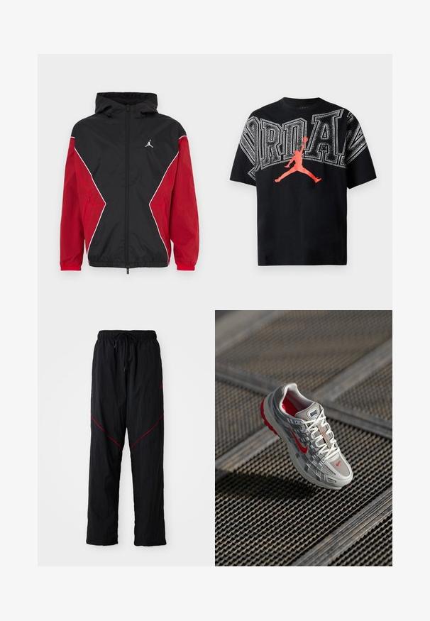 Schwarze und rote Windjacke mit Kapuze, Reißverschluss vorne, weißen Akzenten und kleinem Logo auf der Brust. Weicher, leichter Stoff.; Schwarzes Baumwoll-T-Shirt mit auffälligem weißen "JORDAN"-Schriftzug und rotem Silhouetten-Graphic eines Basketballspielers im Sprung. Rundhalsausschnitt, kurze Ärmel.; Schwarze Sporthosen mit strukturiertem Finish, versehen mit einem Kordelzugbund, roten Akzentlinien und einer lockeren Passform.; Nike-Laufschuh mit einem grauen Mesh-Obermaterial, roten Akzenten und einer strukturierten weißen Sohle. Die Schnürsenkel sind weiß mit silberfarbenem Zubehör zum Festziehen.