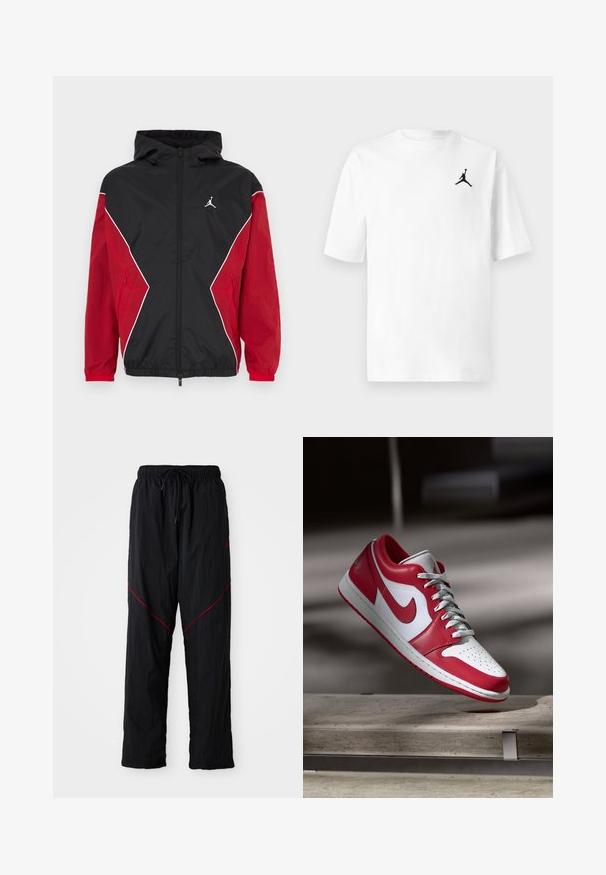 Chaqueta cortavientos negra y roja con capucha, cierre delantero con cremallera, detalles en blanco y un pequeño logo en el pecho. Tejido suave y ligero.; Camiseta blanca de algodón con cuello redondo y mangas cortas. Presenta un pequeño logo negro de Jordan en el área izquierda del pecho.; Pantalones deportivos negros con un acabado texturizado, con cintura ajustable con cordón, líneas de acento rojas y un corte holgado.; Zapatilla Nike roja y blanca flotando sobre un banco de piedra en un entorno interior suavemente iluminado.