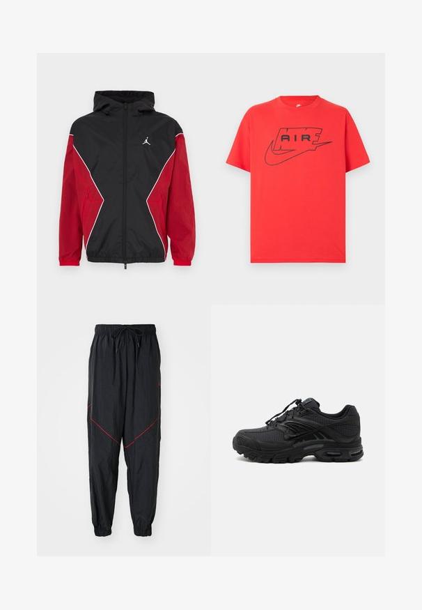 Chaqueta cortavientos negra y roja con capucha, cierre delantero con cremallera, detalles en blanco y un pequeño logo en el pecho. Tejido suave y ligero.; Camiseta de algodón roja con un logo negro de Nike y texto "AIR". Mangas cortas y cuello redondo con un ajuste relajado. Textura suave.; Pantalones de chándal negros hechos de una tela ligera con costuras rojas de acento, cintura elástica con cordón y puños elásticos.; Zapatilla deportiva negra con tejido texturizado, suela gruesa y acolchada, ventilaciones y cierre con cordones, mostrada de lado sobre un fondo claro.